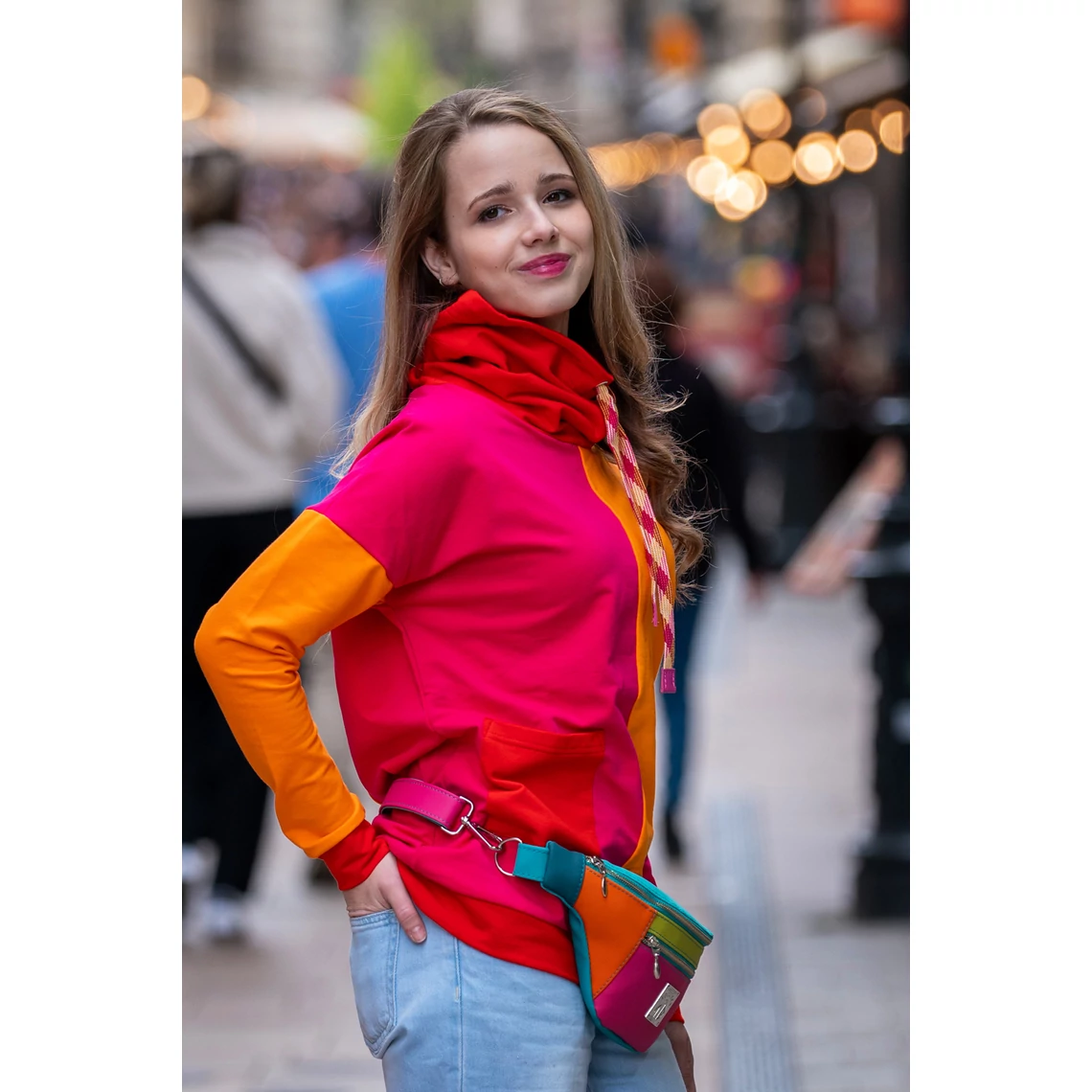 Kolorkka COLORBLOCK kámzsás pulóver / pink-piros-narancs