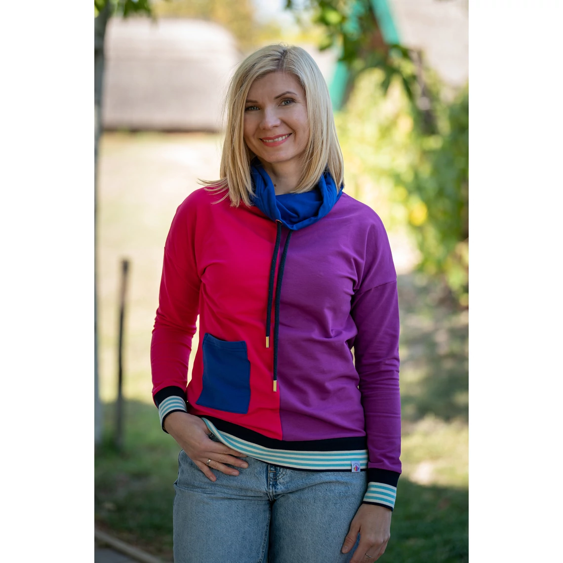 Kolorkka COLORBLOCK kámzsás pulóver / pink-ciklámen-királykék