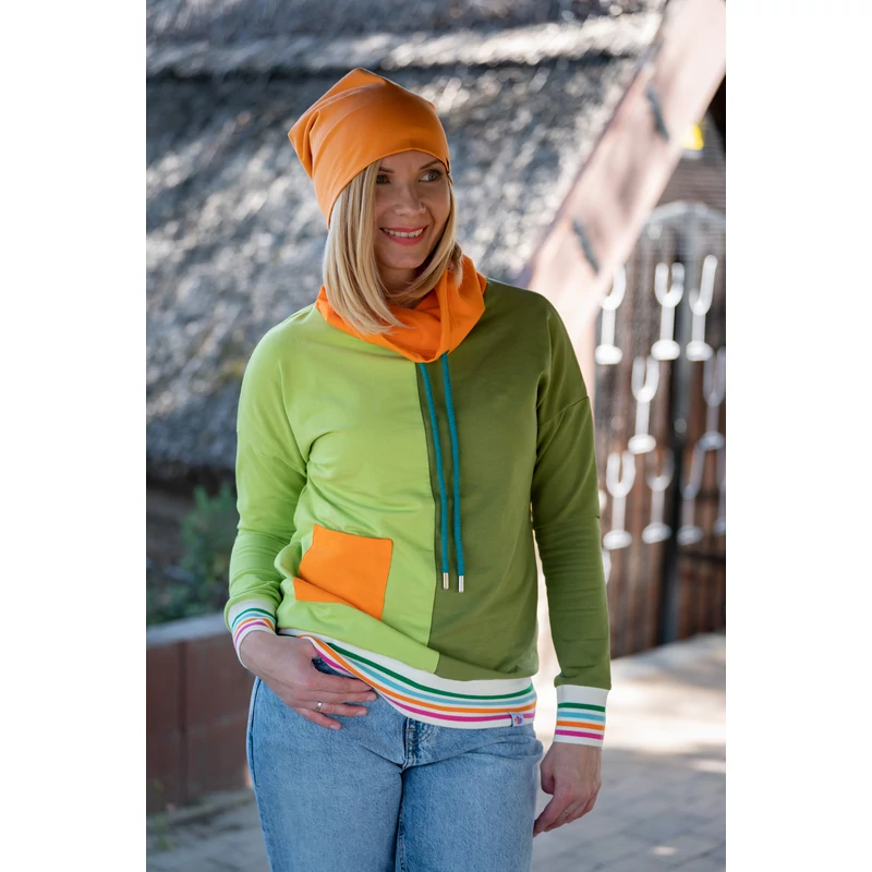 Kolorkka COLORBLOCK kámzsás pulóver / zöld-narancs